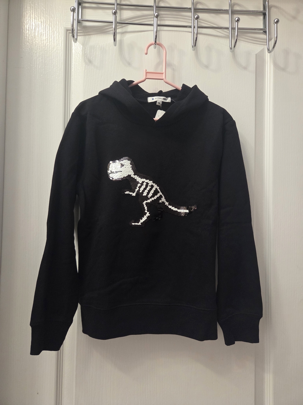 Kids Black Hoodie with Sequin Dinosaur Graphic